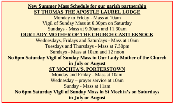 Summer mass schedule 2026
